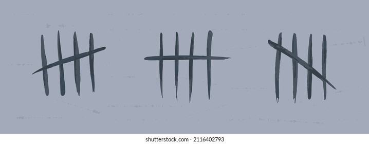 Tally marks set on grey background. Collection of black hash marks signs of prison wall, jail or desert island lost day tally numbers counting. Chalk drawn sticks lines counter. Vector illustration