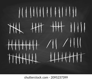 Tally marks set on school black chalkboard. Collection of white hash marks signs of prison wall, jail or desert island lost day tally numbers counting. Vector chalk drawn sticks lines counter.