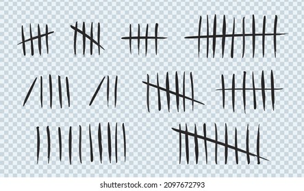 Tally marks set on a transparent background. Collection of black hash marks signs of prison wall, jail or desert island lost day tally numbers counting. Chalk drawn sticks lines counter. Vector