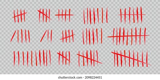 Tally marks set on a transparent background. Collection of blood red hash marks signs of prison wall, jail or desert island lost day tally numbers counting. Vector chalk drawn sticks lines counter