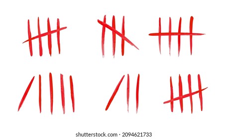 Tally marks set on white background. Collection of blood red hash marks signs of prison wall, jail or desert island lost day tally numbers counting. Vector chalk drawn sticks lines counter