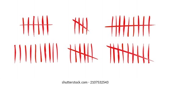 Tally marks set on white background. Collection of blood red hash marks signs of prison wall, jail or desert island lost day tally numbers counting. Vector chalk drawn sticks lines counter