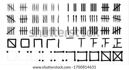 Tally marks of various styles, a set of prison wall day marks, vector hash marks numbers for counting and scoring, black and white crossed stroke signs illustration with grunge effect