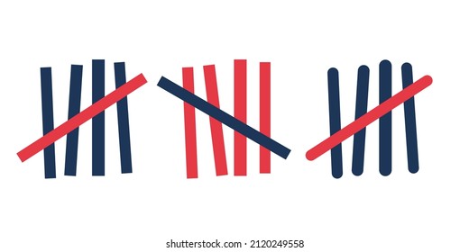 Tally marks wall sticks lines counter. Blue and red counting signs isolated on white background. Vector illustration