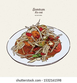 Tam Korat is the papaya salad cooked with the combination of Som Tam Thai and Laos. Hannd draw sketch vector. Thai food.