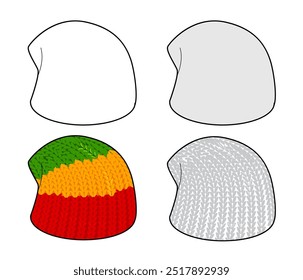 Tam Rasta Hat Knitted Winter Head Fashion accessory cap clothing technical illustration. Vector headgear for Men, women, unisex style, flat template CAD mockup sketch outline isolated