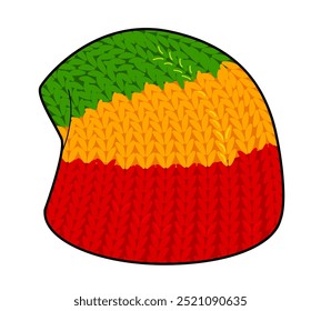 Tam Rasta Hat Knitted Winter Head Fashion accessory cap in red, orange and green colors clothing technical illustration. Vector headgear for Men, women flat template CAD mockup sketch outline isolated