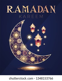 Tamadan Kareem Greeting Card with Filigree Shining Crescent Moon and Lanterns. Vector illustration