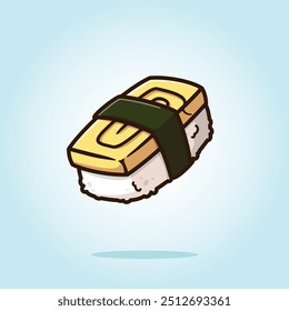 Tamago huevo nigiri sushi, comida japonesa arroz con tortilla de huevo. ilustración de dibujos animados de Vector