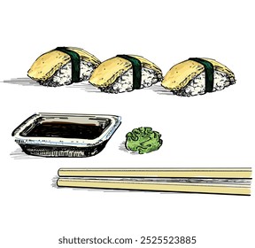 Tamago huevo roll sushi delicioso con wasabi jengibre y fuente de soja comida Asiático japonés restaurante plato dibujar ilustración lineal aislado sobre fondo blanco