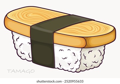 Tamago nigiri aisló la comida tradicional japonesa. Arroz cubierto con huevo y envuelto en nori. Ilustración vectorial.
