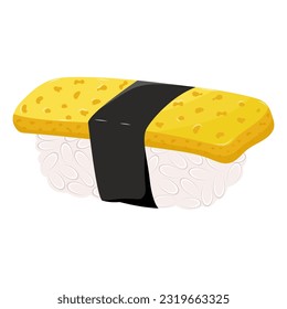 Tamago nigiri isolated on white background. Rice with tamago omelet. 