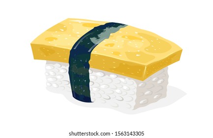 Tamago sushi. Boiled rice topped with sliced cooked egg and wrapped around with strip of nori seaweed. Traditional japanese cuisine. Vector realistic illustration isolated on white background.