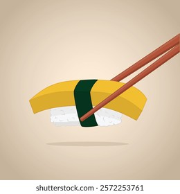 Tamago sushi illustration showcasing a soft Japanese rolled egg placed on a rice base, encased in seaweed, and held with chopsticks. Ideal for restaurant menus, food packaging, or artistic projects.