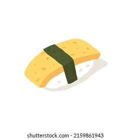 Tamago Sushi aislado de fondo blanco. Huevo de tortilla dulce con arroz envuelto con hojas de algas secas. La comida tradicional japonesa. Ilustración vectorial plana.