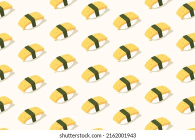 Tamago sushi pattern background texture for print, wrapping paper, wallpaper, decoration. Sweet omelet egg on rice. Japanese food.