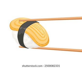 Pieza de sushi de tamago sostenida por palillos. Promociones de cocina japonesa y menús de restaurantes. Entrega de comida asiática. Ilustración vectorial aislada sobre fondo blanco.