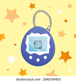 Tamagotchi blue toy illustration. Vintage digital pocket pet game icon. Japanese classic blue Tamagotchi with screen display, chain, stars and buttons. Nostalgia stuff - Tamagotchi cat or fox vector.