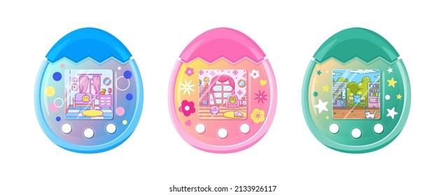 Tamagotchi collection. Vintage digital pocket pet game icon. Japanese modern Tamagotchi with screen display, pixel print, buttons. Colorful set of handheld portable retro game gadget. Vector isolated.