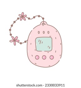 Tamagotchi doodle illustration. Cute hand drawn vector art of vintage Japanese pocket game. Retro girlish pink device.