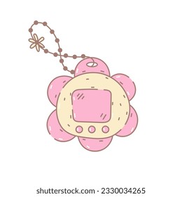 Tamagotchi flower shape doodle. Cute 90s pocket game device in cartoon outline style. Electronic daisy or chamomile with chain. Vintage vector illustration