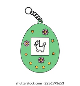 Tamagotchi game on a white background. Vector illustration of cute 90s electronic game with pixel pet. Trendy oldschool icon. 