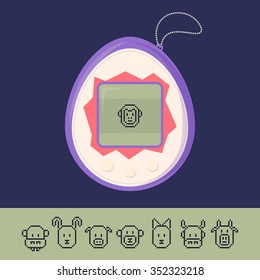 Tamagotchi Game With Set Of Pixel Animal Icons