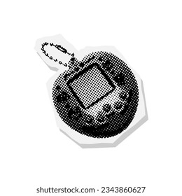 Tamagotchi halftone collage sticker element. Vector illustration of tamagotchi icon isolated on scrap paper background.