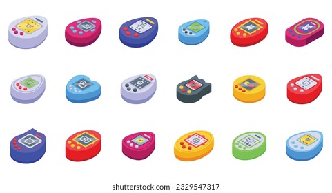 Tamagotchi icons set isometric vector. Screen pixel. Child digital