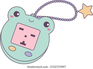 Tamagotchi Schlüsselanhänger in Froschform mit Pixel-Face-Screen und Perlenkette, die in einem Stern Charme endet. Nostalgie, Retro-Spielzeugkultur und virtueller Tierspaß für das Jugend-Branding. Cartoon, Vektorgrafik.