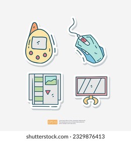 tamagotchi, PC Gaming Mouse Computer, Game cartridge for old game consoles, PC Monitor Screen doodle icon set. Game Console Gadget Sticker set vector illustration