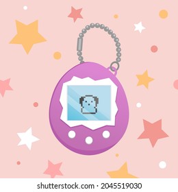 tamagotchi purple toy illustration. Vintage tamagotchi pocket pet game. Japanese classic purple tamagotchi with screen display, chain, stars and buttons. Nostalgia stuff - pocket puppy dog toy vector.