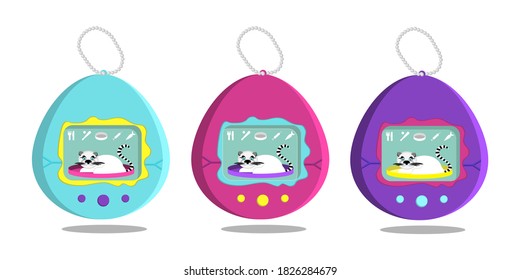 Tamagotchi - retro portable pocket game of 90s. Vector illustration isolated on white backgroun.