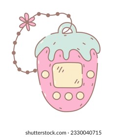 Tamagotchi strawberry shape vector illustration. 90s Japanese pocket game device in cartoon doodle style. Childhood nostalgia. Vintage design.