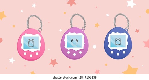 Tamagotchi toy illustration set. Vintage digital pocket pet game icon. Japanese classic Tamagotchi with screen display, chain and buttons. Nostalgia stuff - Tamagotchi Rabbit cat and dog. Vector.