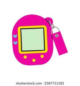 Tamagotchi toy illustration. Vintage digital pocket pet game icon. Japanese classic pink Tamagotchi with screen display, chain and buttons. Nostalgia stuff - Tamagotchi Rabbit pet from 90s.