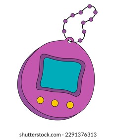 Tamagotchi toy vector illustration. Vintage digital pocket game icon and sticker. Retro purple Tamagotchi with screen display, chain and buttons. Nostalgia from era 90s.