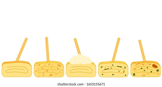 Tamagoyaki , dashimaki or Japanese omelette in various flavors seamless pattern background and borders. Japanese street food, Japanese snack and Asian food background. Great for kitchen wallpaper.