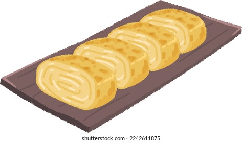 Tamagoyaki is a Japanese dish made by beating (seasoning) a chicken egg and grilling it in a cooking utensil with oil.