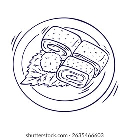 Tamagoyaki, Japanese rolled omelette. Japanese egg roll. Asian food. Vector illustration on white background in doodle style