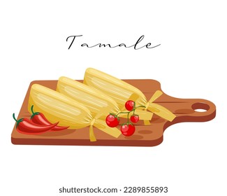 Tamale, masa con carne en hojas de maíz, cocina latinoamericana. Cocina nacional de México. Ilustración alimentaria, vector