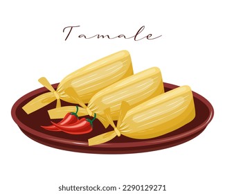 Tamale, dough with meat in corn leaves on a clay plate, Latin American cuisine. National cuisine of Mexico. Food illustration, vector	
