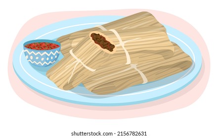 Tamale illustration. Mexican traditional cuisine, national street food. Homemade tamales wrapped and steamed in a corn husk or banana leaf. Flat vector illustration