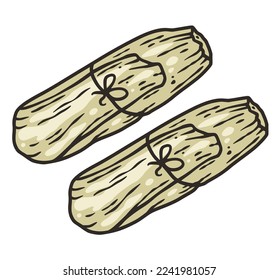 Tamale vector with corn leaves for design of logo or emblem. Traditional latin fast food. Tamales mexican food for poster or banner.