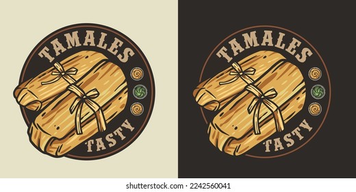 Tamale vector with corn leaves for logo or emblem. Traditional latin fast food. Tamales mexican food for poster or banner.