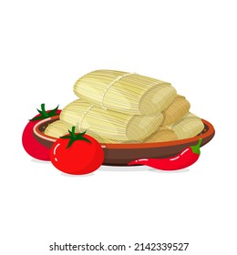 Tamales icon. Illustration of traditional Mexican filled food on the plate, tomatoes and chili pepper isolated on a white background. Vector 10 EPS.