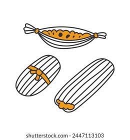 Tamales Mexican food doodle vector illustration. Spanish traditional dish made from masa. Various serving options in cartoon style. For restaurant menu design