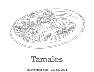 Tamales na placa, estilo de esboço desenhado à mão. Comida tradicional mexicana.