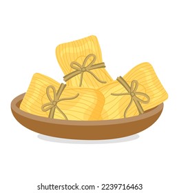 Tamales in a wooden plate is a traditional dish in Latin America. Vector illustration.