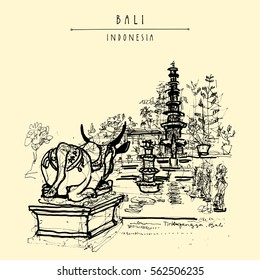 Taman Tirtagangga palace and park. Spouting fountain and sculptures on water in Amlapura, Bali, Indonesia. Hand drawing. Travel sketch. Book illustration, postcard or poster template in vector